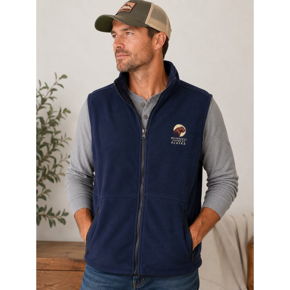 Ouray Alaska Wilderness Express Fleece Vest XL Navy Bear Logo